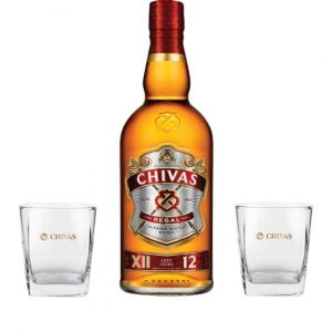 Kit Chivas Regal 12 anos Escocês 1L + 2 Copos de Vidro Personalizados