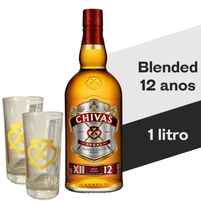 Kit Whisky Chivas Regal 12 anos Escocês 1L + 2 Copos de Vidro Personalizado